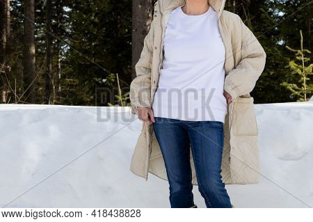 White Sweatshirt Mockup Of A Girl In Winter Coat, Model Mockup