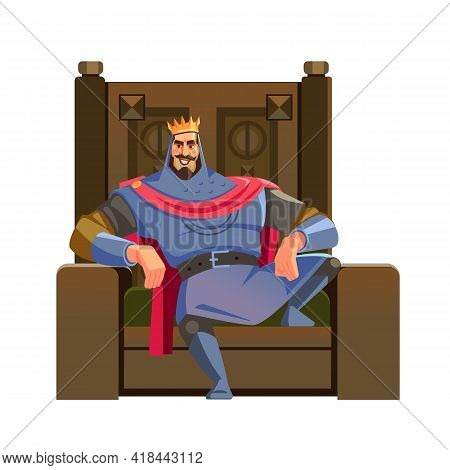 Cartoon King. Majesty Happy King Character On The Throne, Wearing Crown And Mantle, Cartoon Vector I