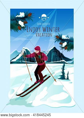 Mountain Landscape Poster With Man Skiing And Pine Tree Branches On Background Vector Illustration