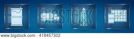 Set Barrel Oil Leak, Tanker Truck, Oil Rig With Fire And Oil Price Increase. Square Glass Panels. Ve