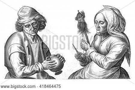 On the left a man with a pitcher in his hands. On the right a spinning woman. The print has a German inscription on verse.