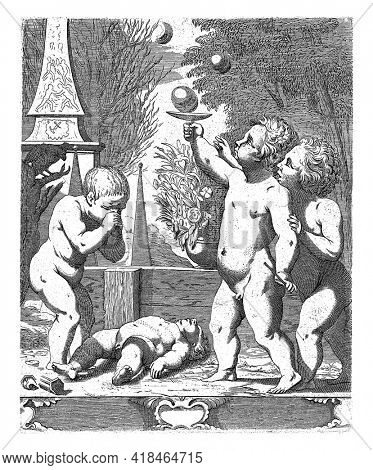 To the right, two bubble-blowing putti in a garden in spring, symbolizing life. To the left a dead putto and another mourning him.