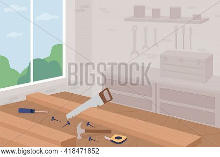 Carpentry Flat Color Vector Illustration. Benchmark Of Cabinetmaker. Saw In Wood Plank. Furniture Ma