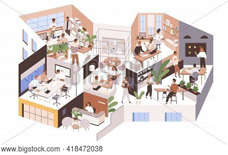 Office Rooms And Departments With Modern Interior. People At Work Areas And Corporate Spaces Of Big 