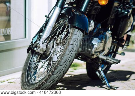 Reims France April 26, 2021 Royal Enfield 500cc Motorcycle Parked In The Streets Of Reims