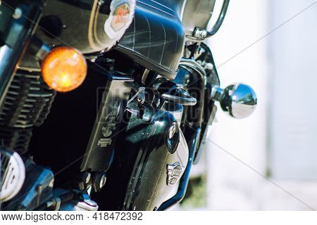 Reims France April 26, 2021 Royal Enfield 500cc Motorcycle Parked In The Streets Of Reims