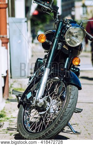 Reims France April 26, 2021 Royal Enfield 500cc Motorcycle Parked In The Streets Of Reims