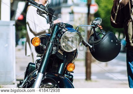 Reims France April 26, 2021 Royal Enfield 500cc Motorcycle Parked In The Streets Of Reims