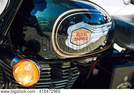 Reims France April 26, 2021 Royal Enfield 500cc Motorcycle Parked In The Streets Of Reims