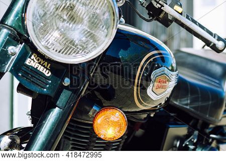 Reims France April 26, 2021 Royal Enfield 500cc Motorcycle Parked In The Streets Of Reims
