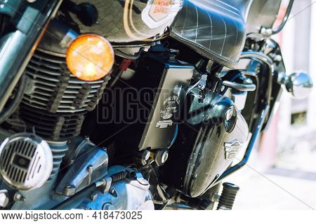 Reims France April 26, 2021 Royal Enfield 500cc Motorcycle Parked In The Streets Of Reims
