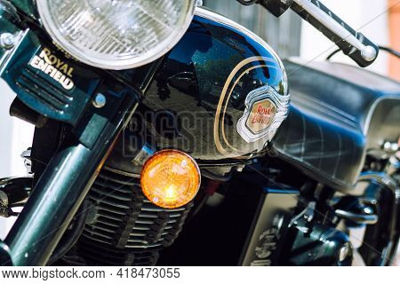 Reims France April 26, 2021 Royal Enfield 500cc Motorcycle Parked In The Streets Of Reims