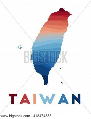 Taiwan Map. Map Of The Country With Beautiful Geometric Waves In Red Blue Colors. Vivid Taiwan Shape