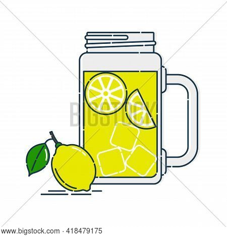 Jug Lemonade With Chunks Of Citrus And Ice. Nearby A Whole Fruit With A Leaf. Line Art In Flat Style