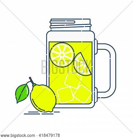 Jug Lemonade With Chunks Of Citrus And Ice. Nearby A Whole Fruit With A Leaf. Line Art In Flat Style