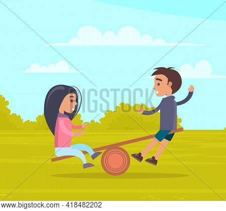 Happy Cartoon Kids Playing In Playground On Backyard. Childrens Summer Playground With Slide Swings 