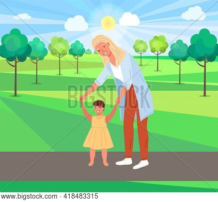 Mother Teaches Her Child To Walk. Baby Takes First Steps. Parent Spends Time With Child In Nature. M