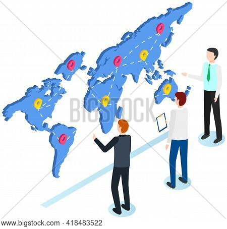 International Postal Mail Delivery Service Isometric Composition. People Studying Destination Map Wi