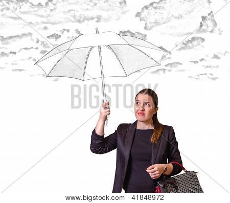 Pretty Girl With Drawing Umbrella Isolated On White Background