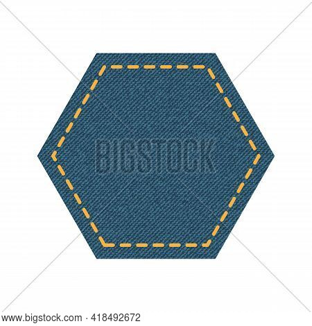 Blue Denim Design With Hexagon With Stitcher. Vector Illustration