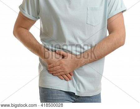 Man Suffering From Acute Appendicitis On White Background, Closeup
