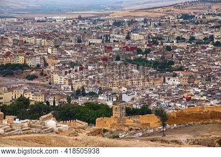 Aerial View Of The Fez El Bali Medina. Is The Oldest Walled Part Of Fez, Morocco. Fes El Bali Was Fo