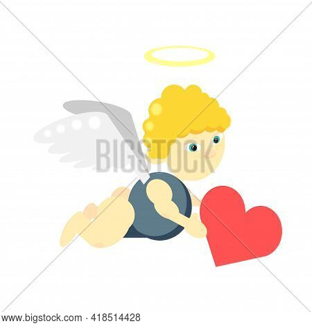 young cute angel with wings holding a heart in his hands