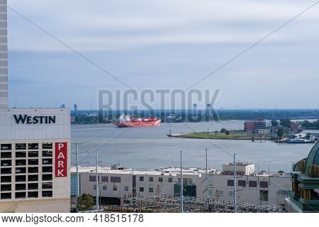 New Orleans, La  - October 27: Cargo Ship Moves Downriver On The Mississippi River At Its 