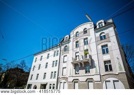 Row Of Houses In Munich, Old And New Buildings In Neuhausen, Art Nouveau
