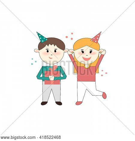 young brunette guy gives a gift to a happy blonde girl