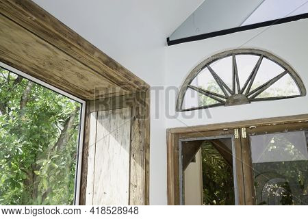 Vintage Glass On Old Wooden Frame, Stock Photo