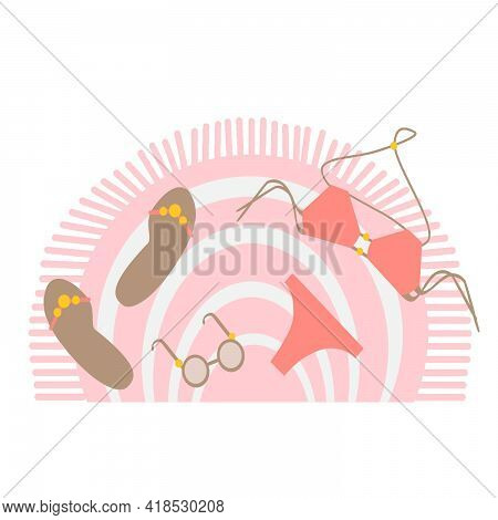 A Pink Beach Mat With Flip Flops, A Pink Swimsuit And Sunglasses. Beach Set