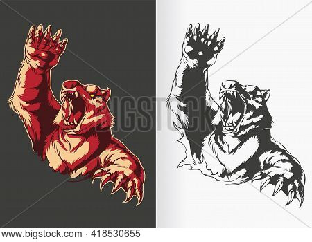 Silhouette Angry Bear Attacking Roaring Stencil Vector Drawing