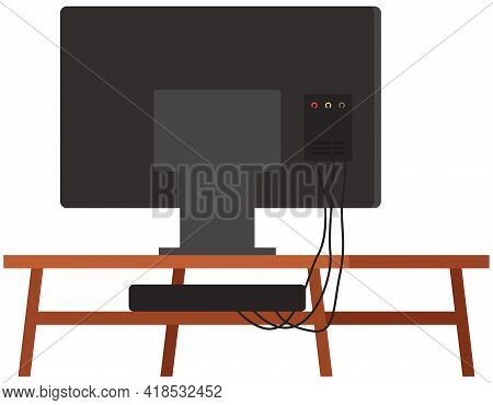 Tv On Stand. Wooden Shelf For Television Vector Illustration. Living Room Interior Design Element Bi