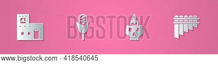Set Paper Cut Mexican House, Corn, Burning Candle On Skull And Pan Flute Icon. Paper Art Style. Vect