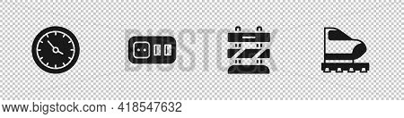 Set Train Station Clock, Electrical Outlet, End Of Railway Tracks And High-speed Train Icon. Vector