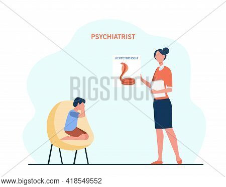 Little Boy Treating Phobia On Psychotherapy Session. Psychotherapist, Cobra, Herpetophobia Flat Vect