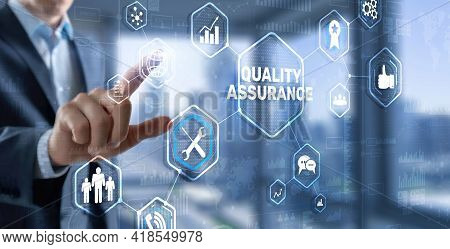 Qa Businessman Pressing Quality Assurance Button On Virtual Screens