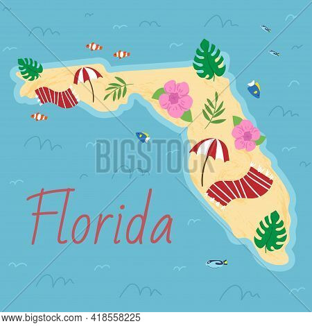 Simple Border Map On Florida - Sothern State On Usa. Land With Textured Background And Orange Letter