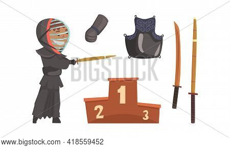 Kendo Or Sword Path Attributes As Modern Japanese Martial Art With Bamboo Swords And Equipped Man In