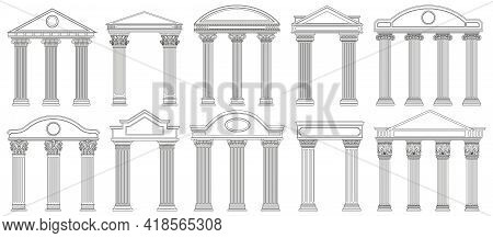 Ancient Pediments. Greek And Roman Architecture Temple Facade With Ancient Pillars Vector Illustrati