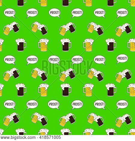 Oktoberfest Lager And Black Beer Mugs And Prost Bubble Speech Seamless Pattern On Green Background