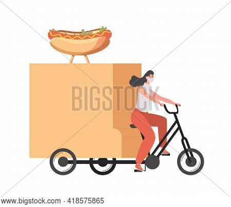 Delivery Woman In Medical Face Mask Riding On Bike And Delivers Hot Dogs Vector Flat Illustration Is