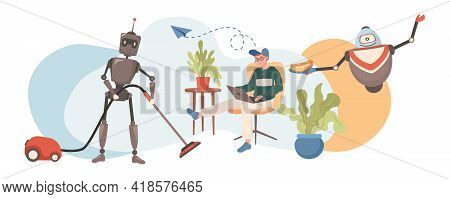Domestic Personal Robots Vector Flat Illustration. Robots Cleaning Floor, Cooking, And Serving Food 
