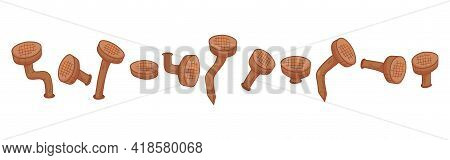 Old Rust Bent Nails Vector, Cartoon Corrosion Pin Icon. Carpentry Concept Isolated On White Backgrou