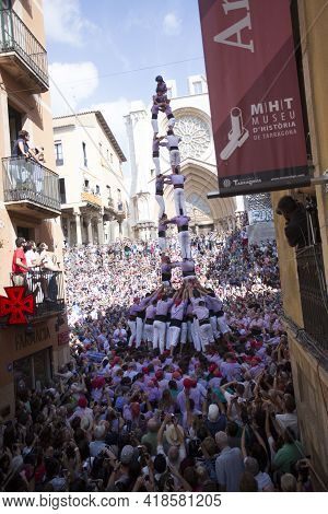 Tarragona, Spain, September 19, 2019 - Castells Team Successfully Completed Erection Of Human Tower 