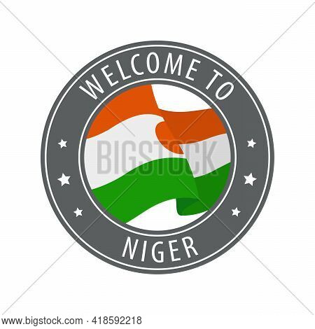 Welcome To Niger. Gray Stamp With A Waving Country Flag. Collection Of Welcome Icons.