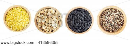 Rosted Peanuts, Peeled Mung Bean, Black Beans Seed, Quinoa  In Wooden Bowl Isolated On White Backgro
