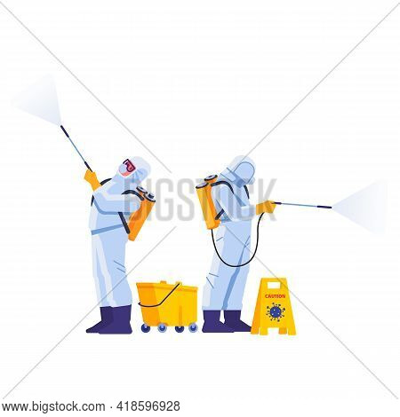 Covid-19 Coronavirus Disinfect. Disinfecting Workers Wear Protective Masks And Spacesuits Against Pa