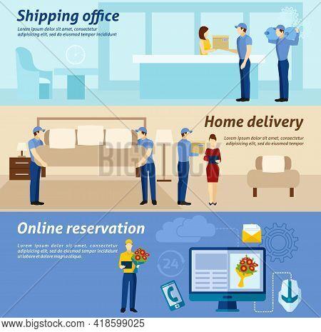 Online Shopping Reservation Purchase And Home Delivery Shipping  Service 3 Flat Horizontal Banners  